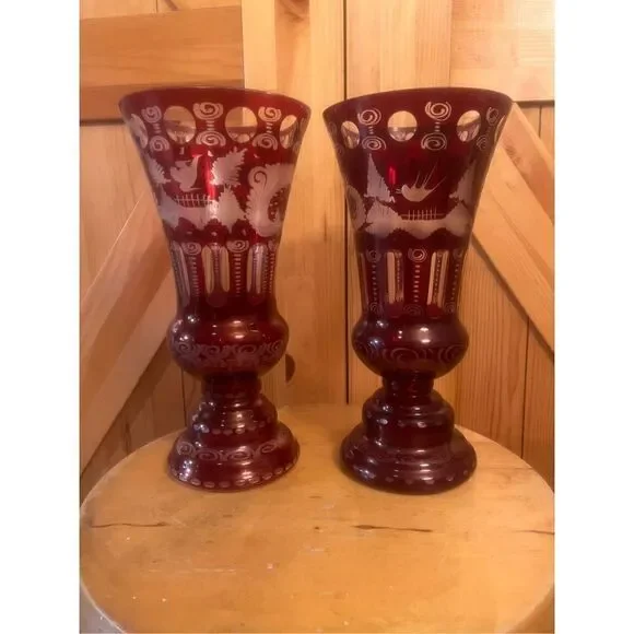 Vintage Egarmann Ruby Cut to Clear Vase/Glass Czech Bohemian set of 2